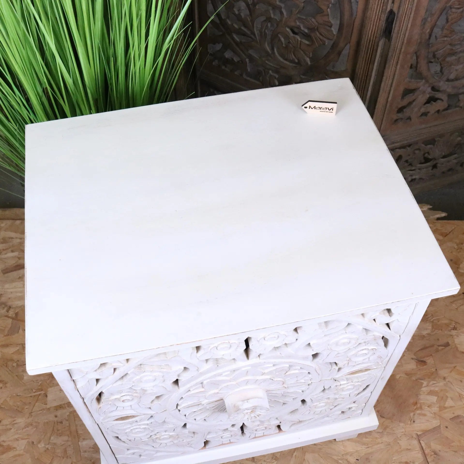 Sohani Wooden Carved Bedside Table Cabinet Distressed White - Top View