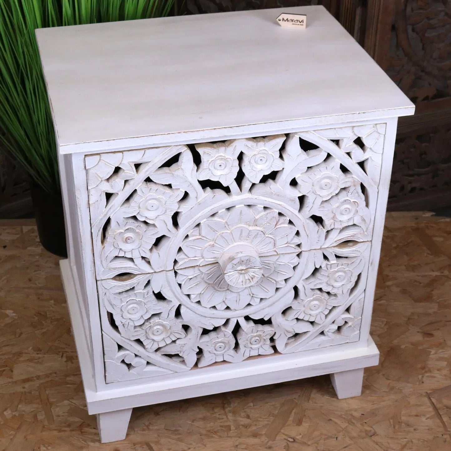 Sohani Wooden Carved Bedside Table Cabinet Distressed White - Main Image