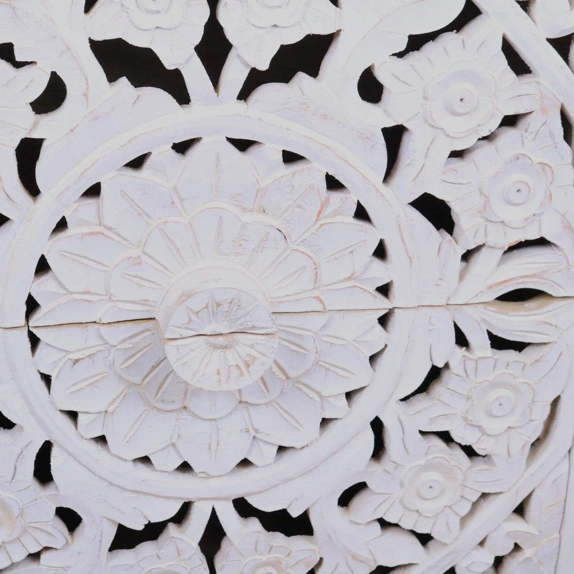 Sohani Wooden Carved Bedside Table Cabinet Distressed White - Closeup of Central Flower Carving