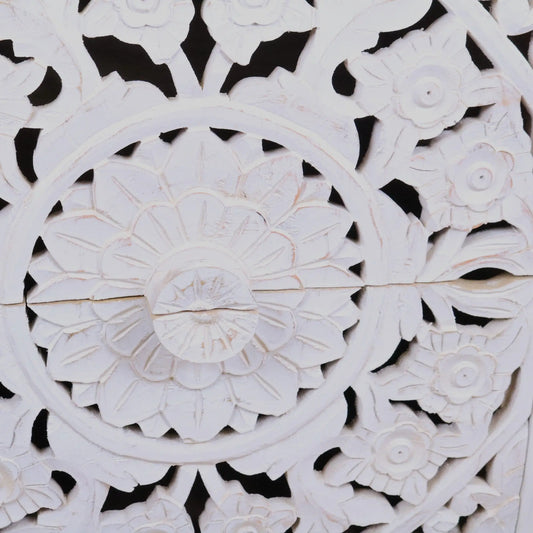 Sohani Wooden Carved Bedside Table Cabinet Distressed White - Closeup of Central Flower Carving
