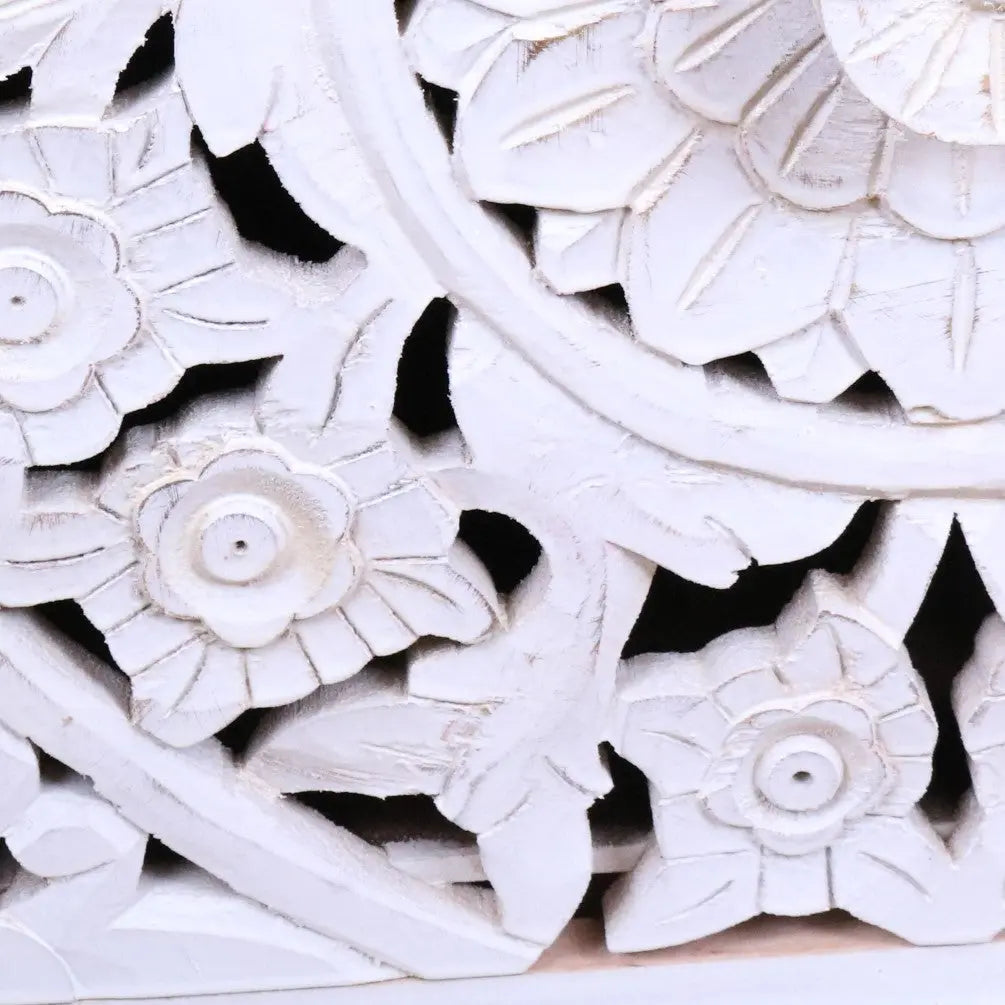 Sohani Wooden Carved Bedside Table Cabinet Distressed White - Closeup of Flower Carving