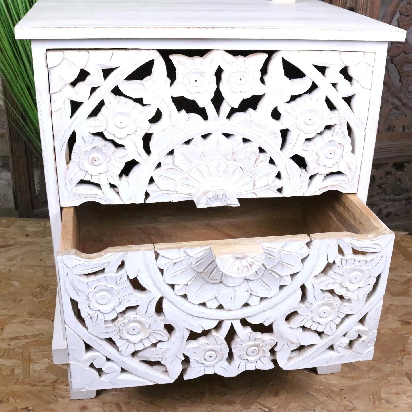 Sohani Wooden Carved Bedside Table Cabinet Distressed White - Drawer Open