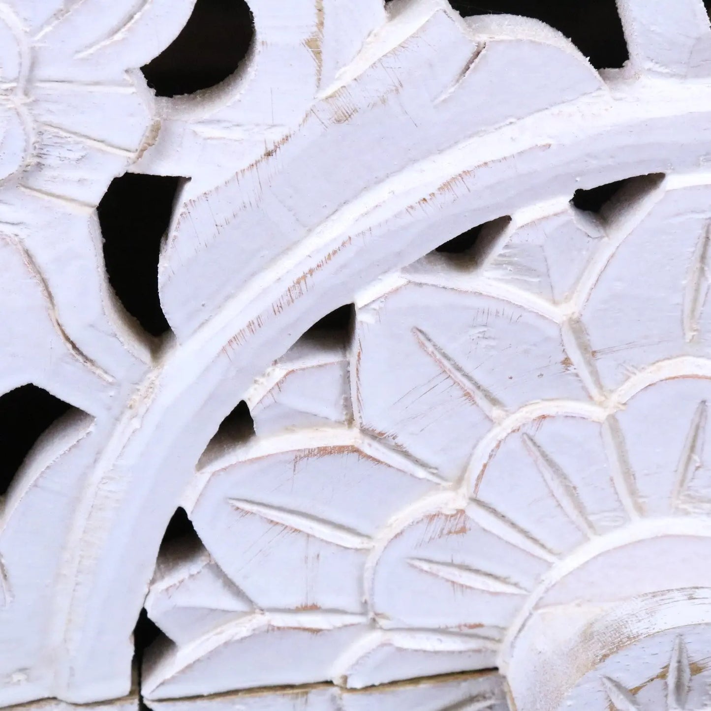 Sohani Wooden Carved Bedside Table Cabinet Distressed White - Closeup of Distressed Paint