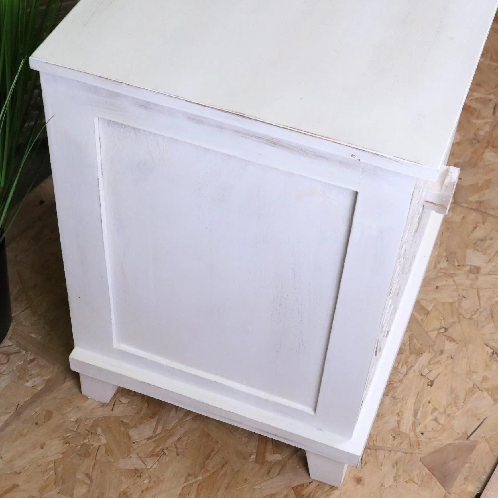 Sohani Wooden Carved Bedside Table Cabinet Distressed White - Side View