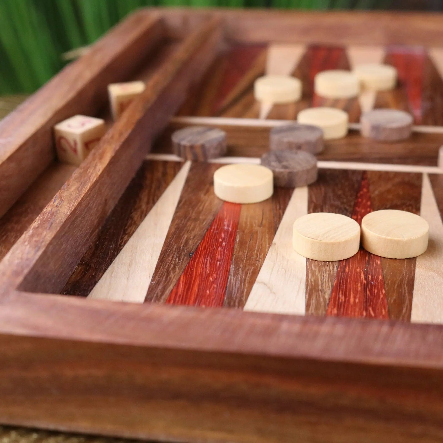 Taksha Wooden Backgammon Board Game - Closeup of Counters