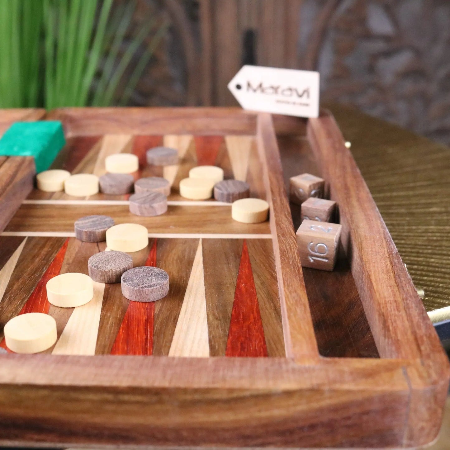 Taksha Wooden Backgammon Board Game - Closeup of Dice