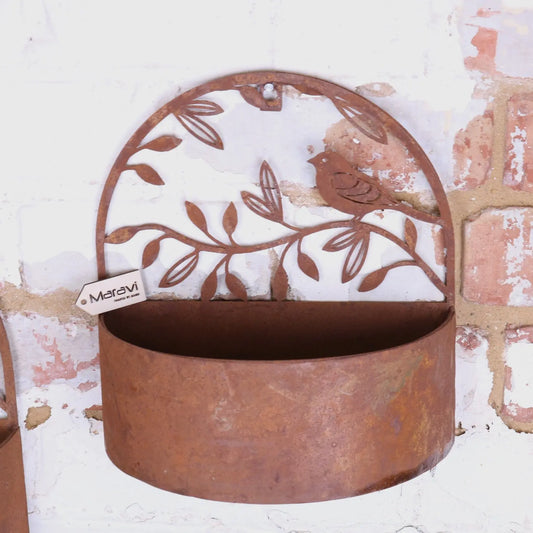 Tanu Wall Mounted Metal Planter Set Rusted Finish - Closeup of Small Planter