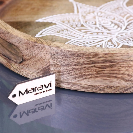 Thamara Round Mango Wood Tray - Closeup Side Wall