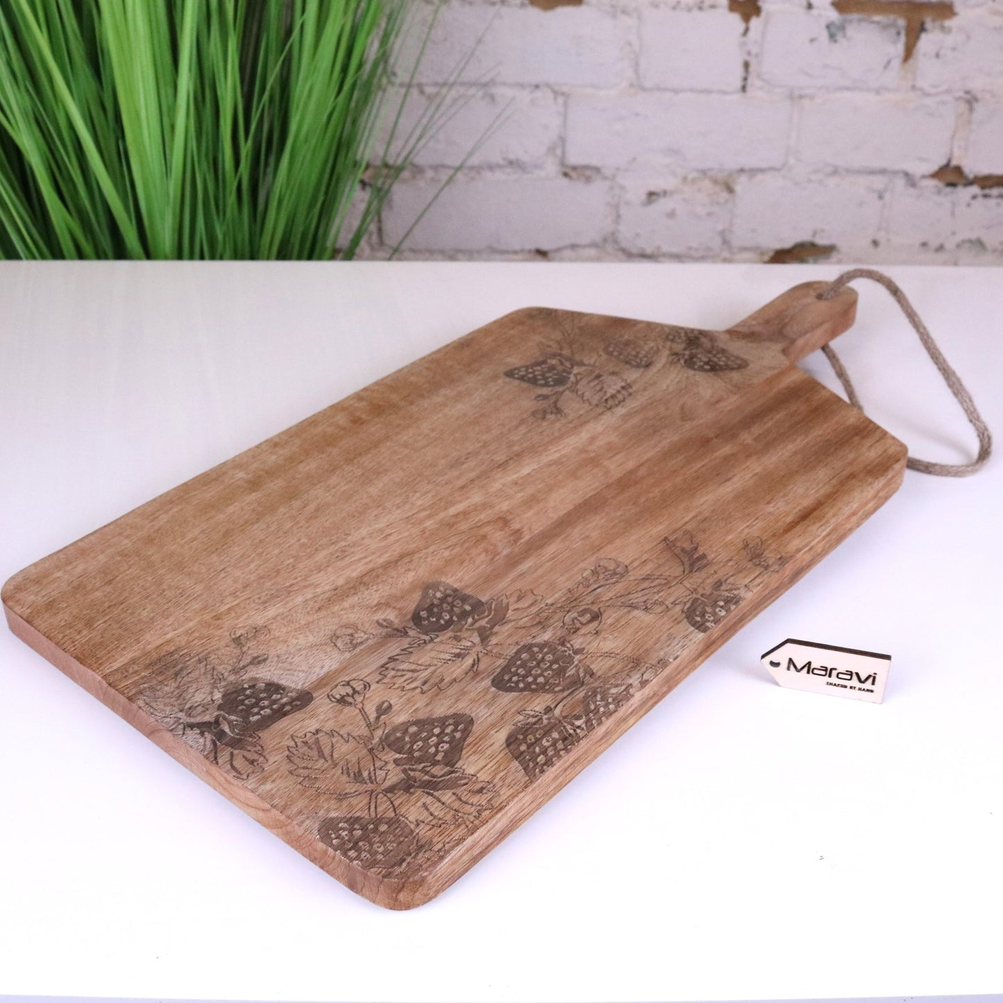 Thaniya Mango Wood Chopping Board Strawberry Design - Angled Top View