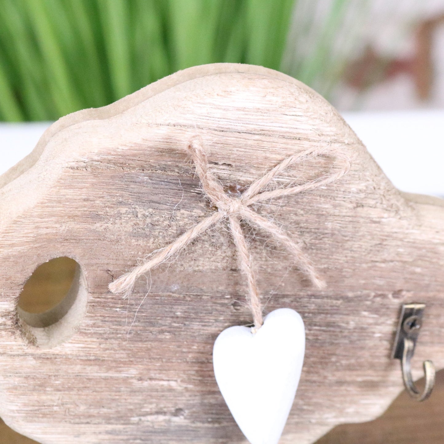 Torani Wooden Key Shape Key Holder - Closeup of Heart Decoration and Bow