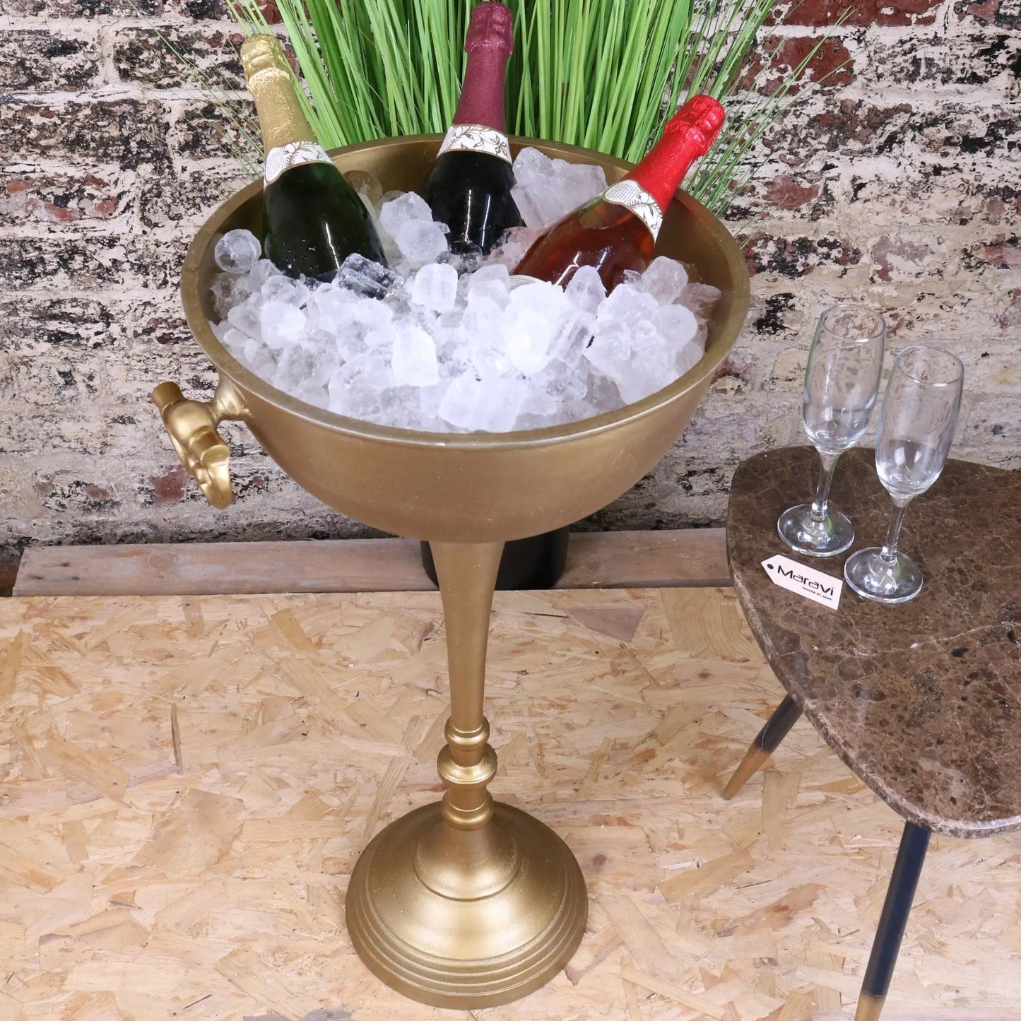 Tumbani Floor Standing Gold Champagne Ice Bucket Tub - Front Angled View with Ice