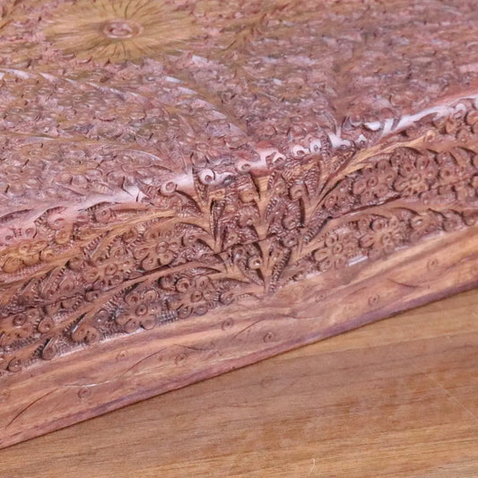 Vansuri Large Hand Carved Wooden Box Velvet Lined - Closeup of Front of Box