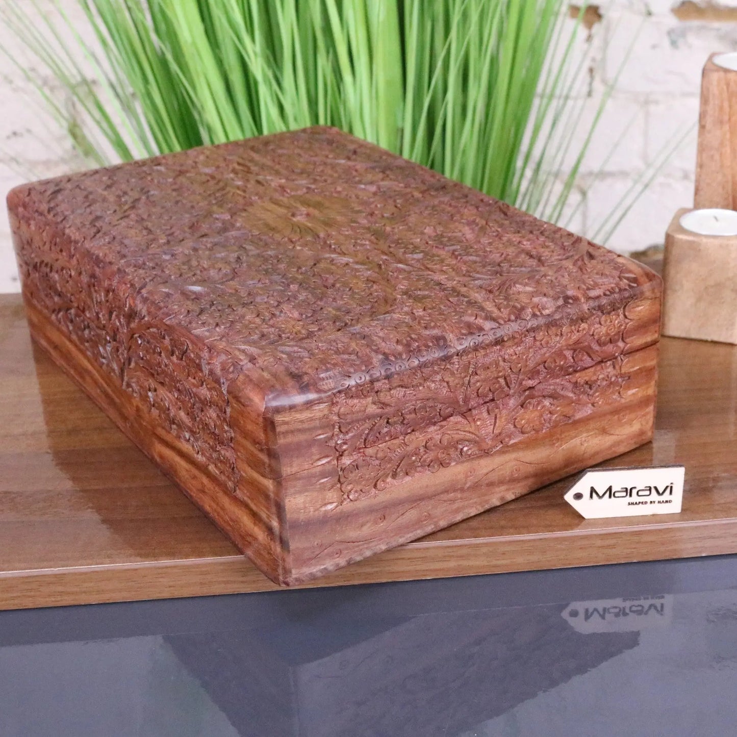 Vansuri Large Hand Carved Wooden Box Velvet Lined Maravi