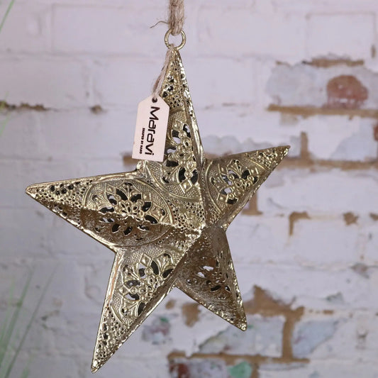 Varnika Metal Hanging Star Decoration Gold - Angled Side View