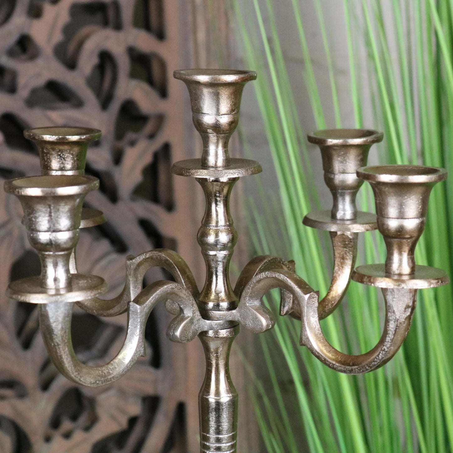 Veeha Candelabra Centerpiece 5 Candle Holder 40cm Champagne Gold - Zoomed in Top Half