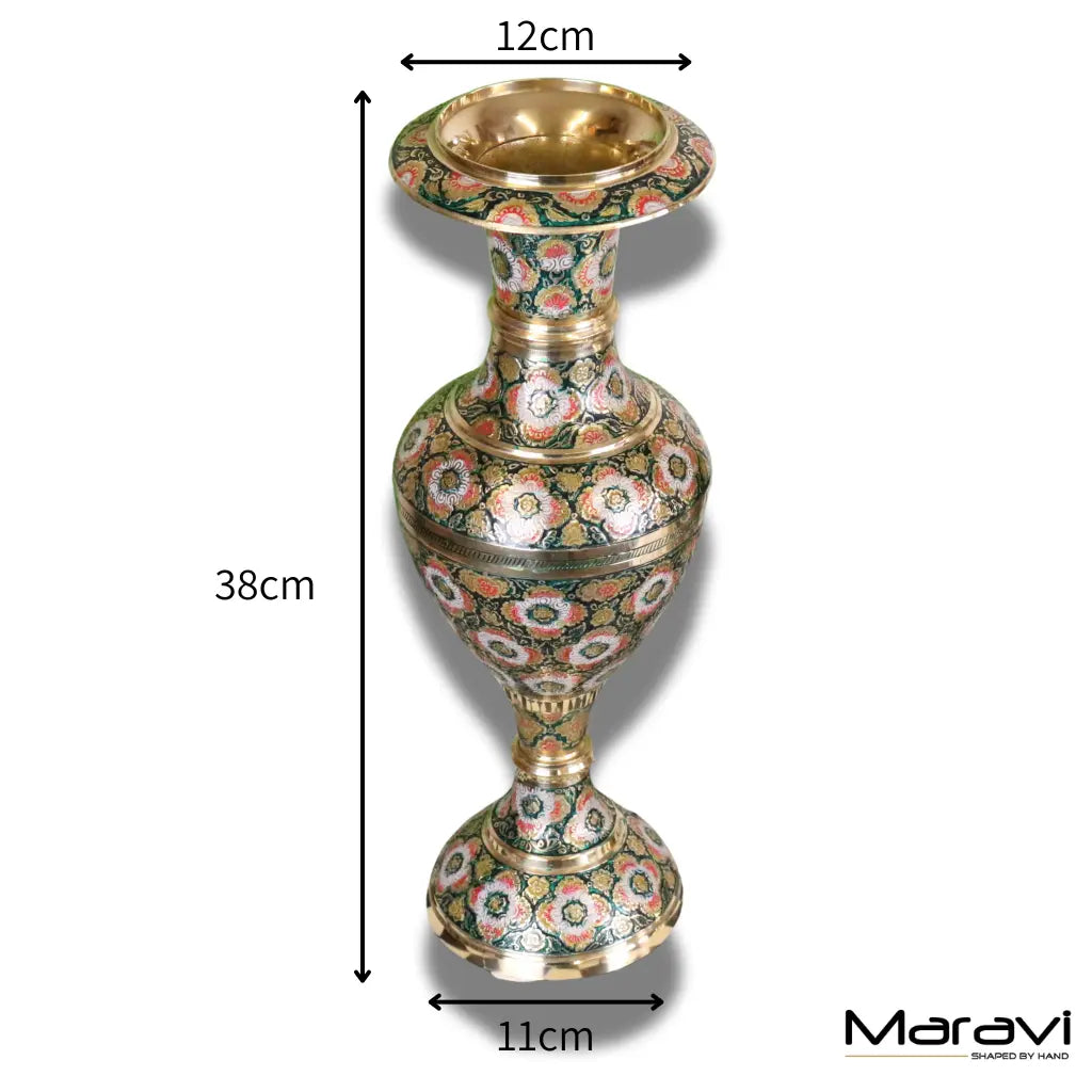 Vintage Brass Vase Pair 38cm Hand Painted and Etched Maravi