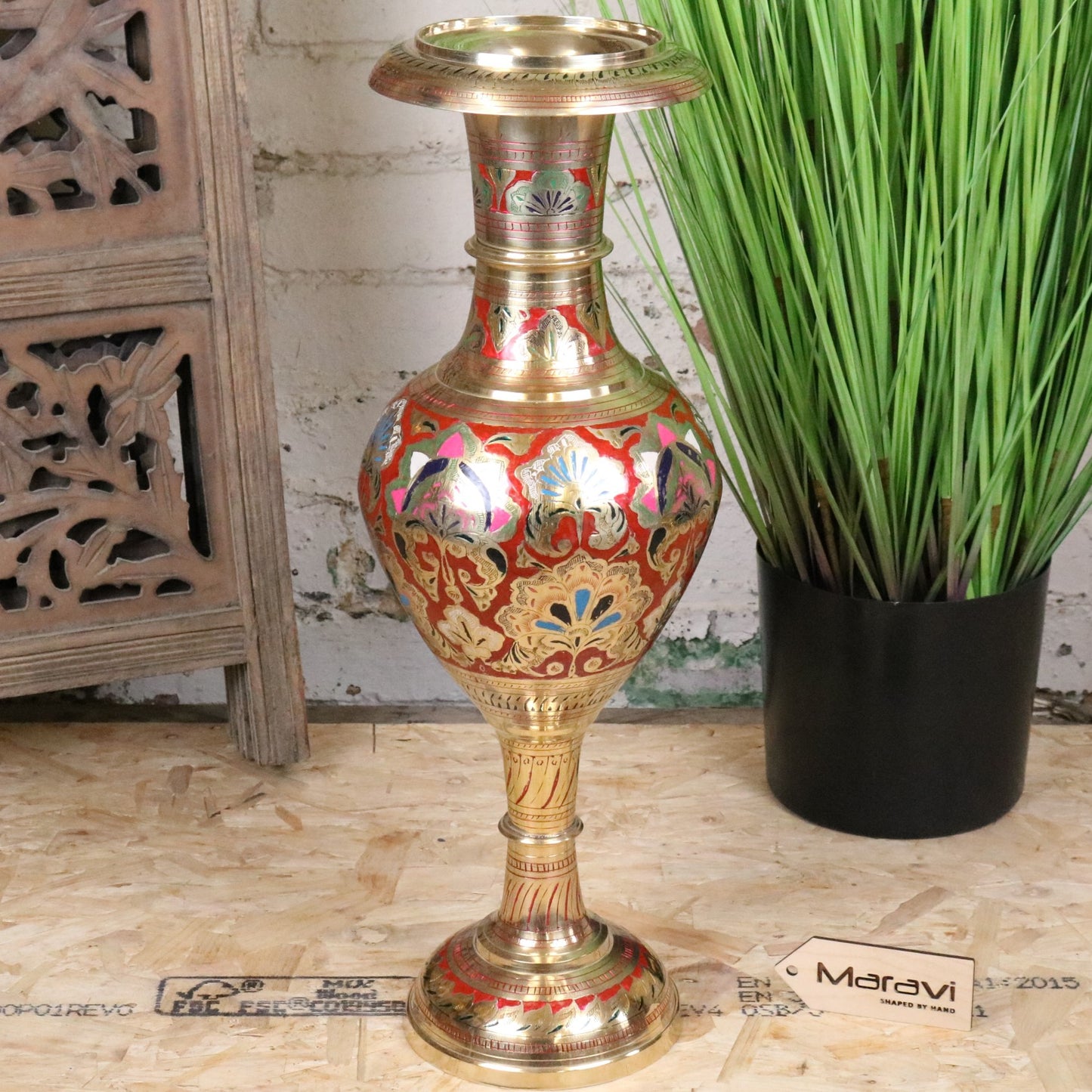 Vintage 60cm Large Brass Vase Hand Painted and Etched - Red - Front View