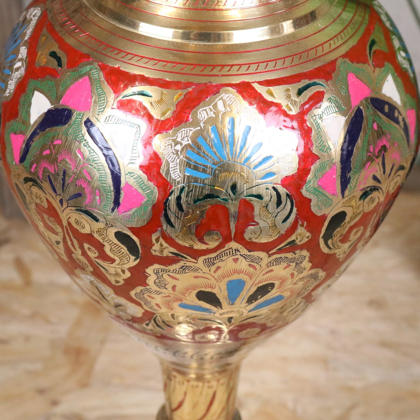 Vintage 60cm Large Brass Vase Hand Painted and Etched - Red - Closeup of Paintwork