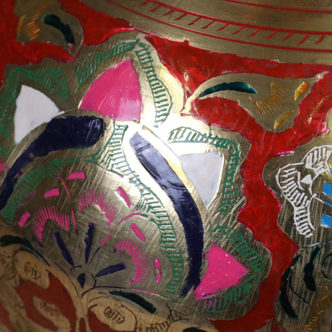 Vintage 60cm Large Brass Vase Hand Painted and Etched - Red - Closeup of Paintwork 2