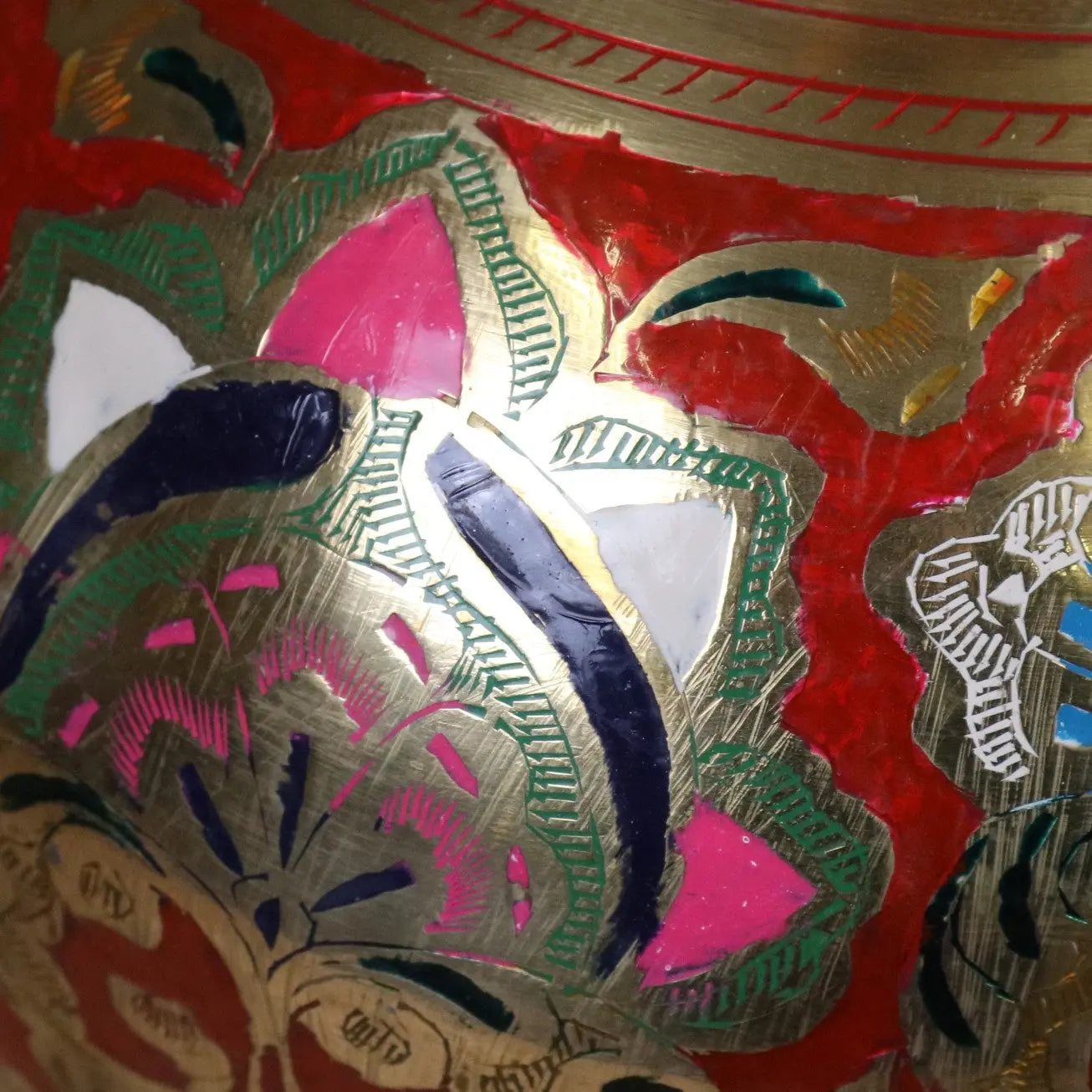 Vintage 60cm Large Brass Vase Hand Painted and Etched - Red - Closeup of Paintwork 2