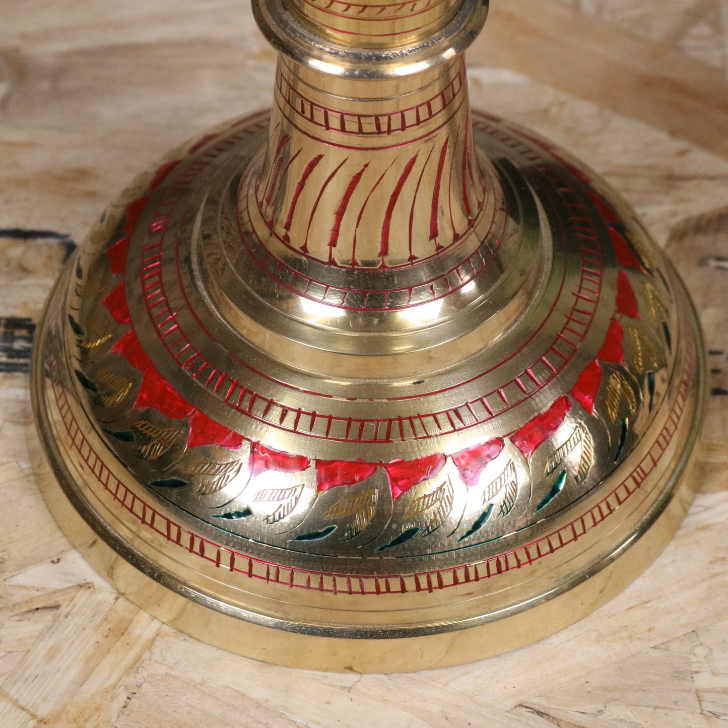 Vintage 60cm Large Brass Vase Hand Painted and Etched - Red - Closeup of Base