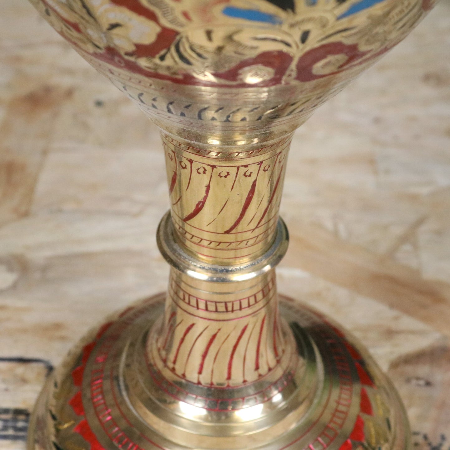Vintage 60cm Large Brass Vase Hand Painted and Etched - Red - Closeup of Etching on Neck