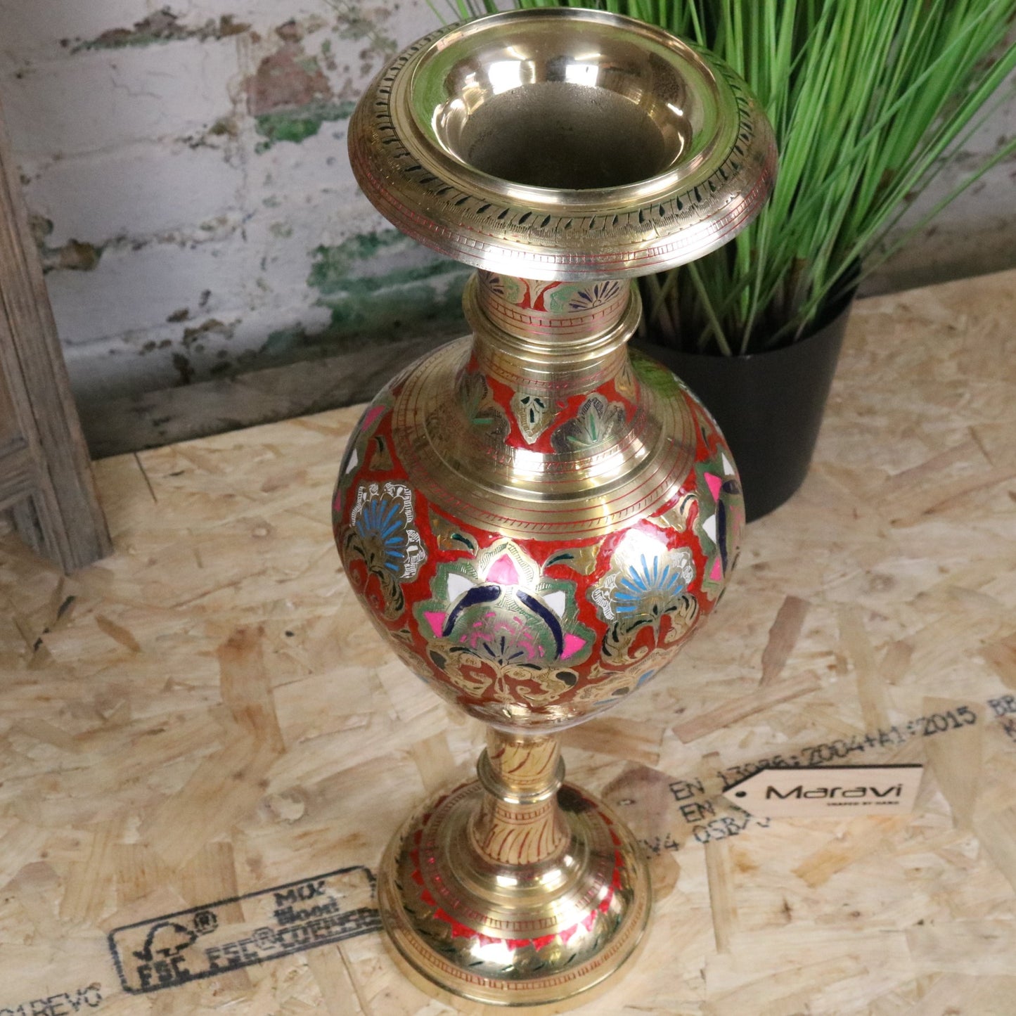 Vintage 60cm Large Brass Vase Hand Painted and Etched - Red - Top View