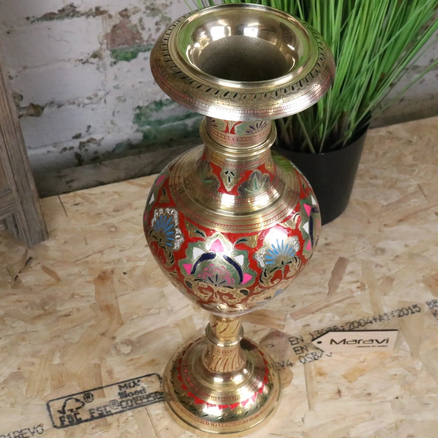 Vintage 60cm Large Brass Vase Hand Painted and Etched - Red - Top View