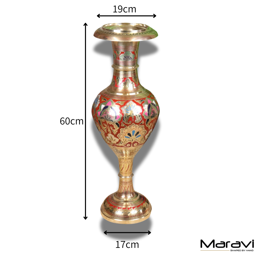 Vintage 60cm Large Brass Vase Hand Painted and Etched - Red - Dimensions