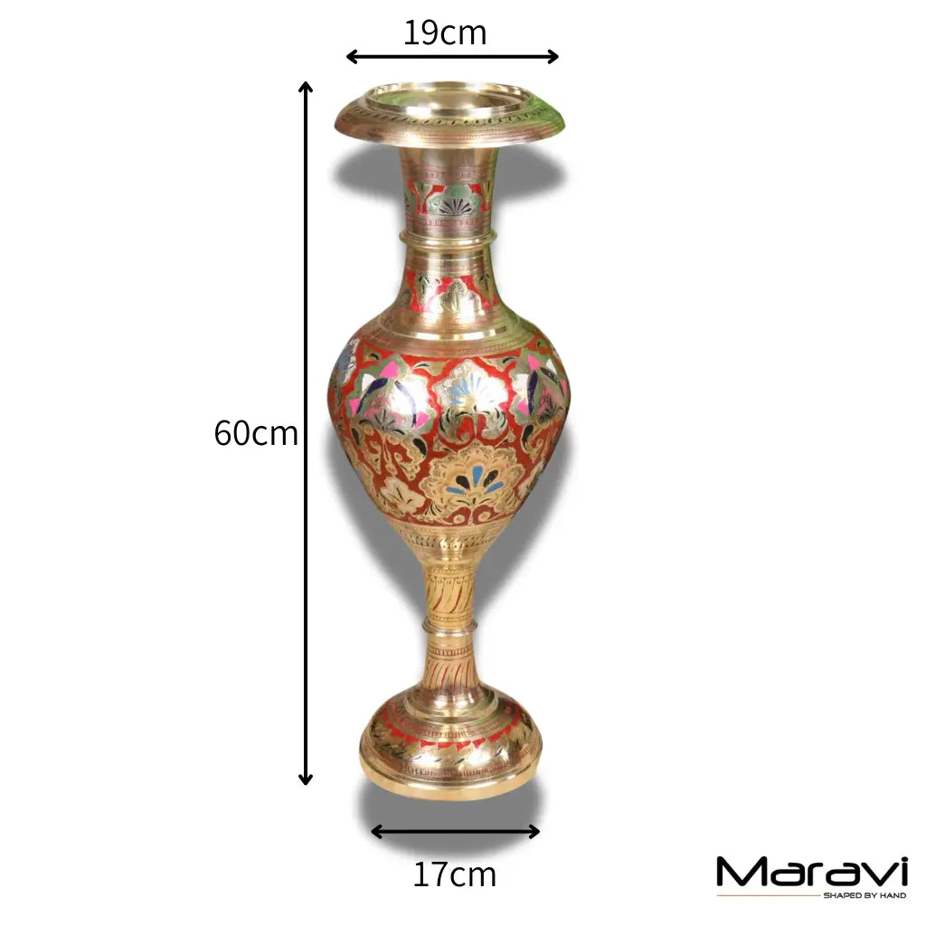 Vintage 60cm Large Brass Vase Hand Painted and Etched - Red - Dimensions