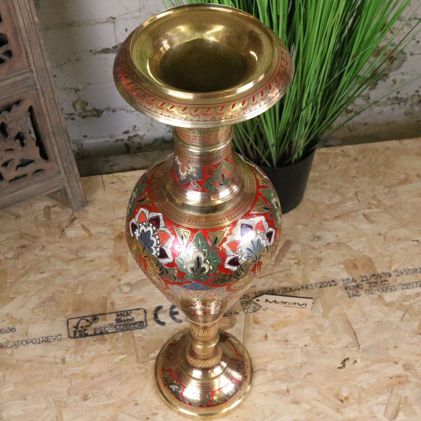 Vintage 77cm Large Brass Vase Hand Painted and Etched - Red - Top View