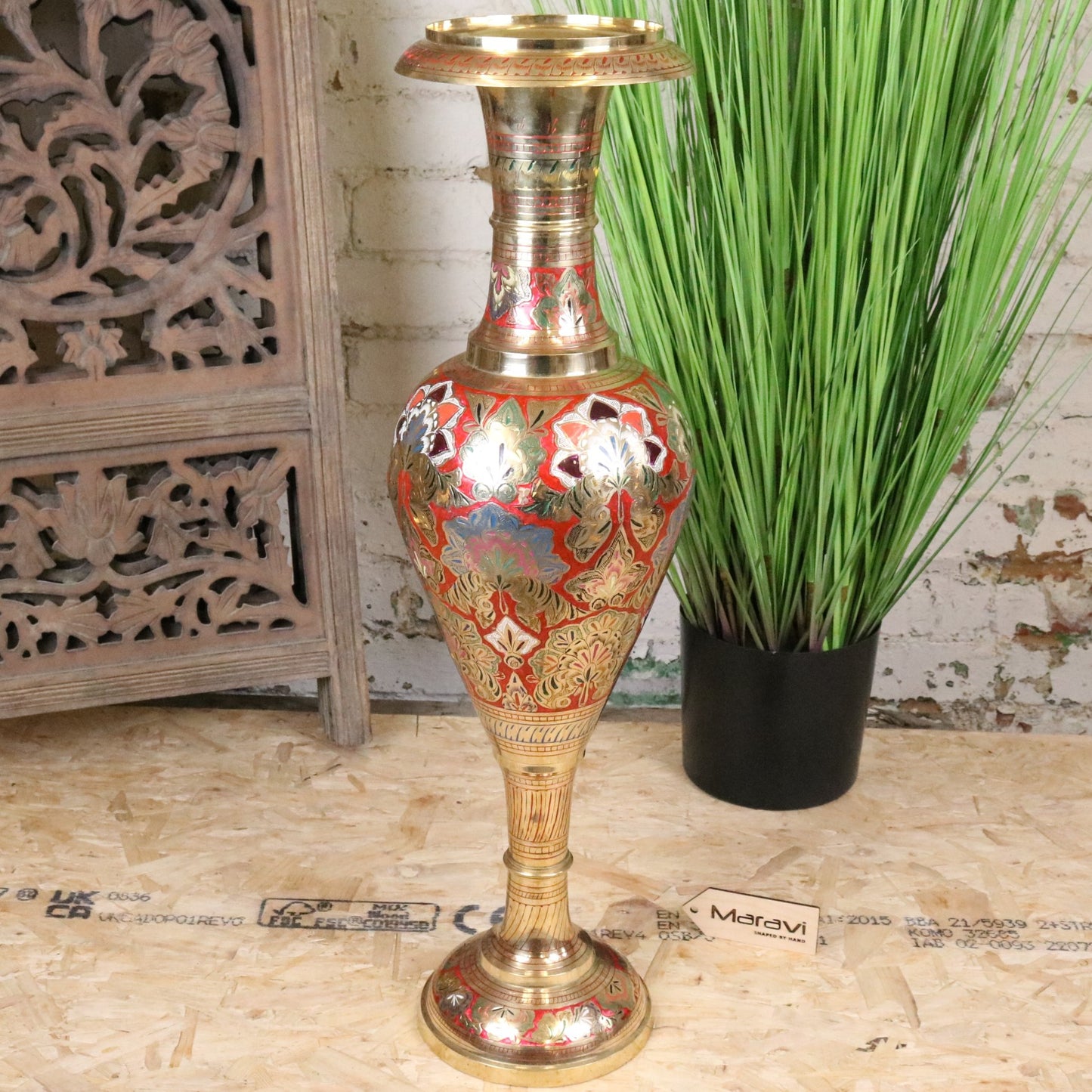 Vintage 77cm Large Brass Vase Hand Painted and Etched - Main Image