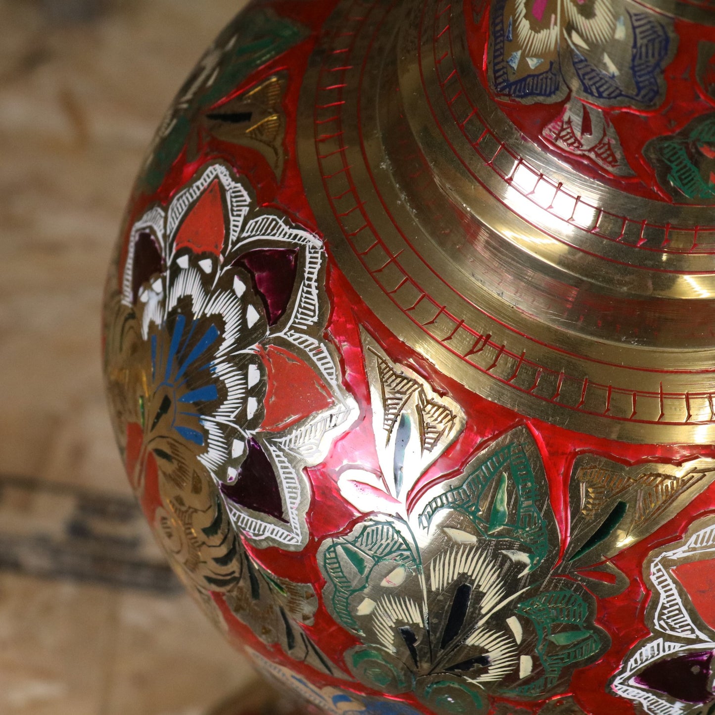 Vintage 77cm Large Brass Vase Hand Painted and Etched - Red - Closeup of Paintwork 4