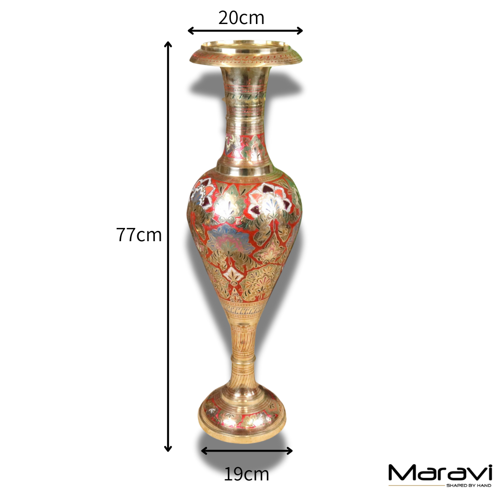 Vintage 77cm Large Brass Vase Hand Painted and Etched - Red - Dimensions