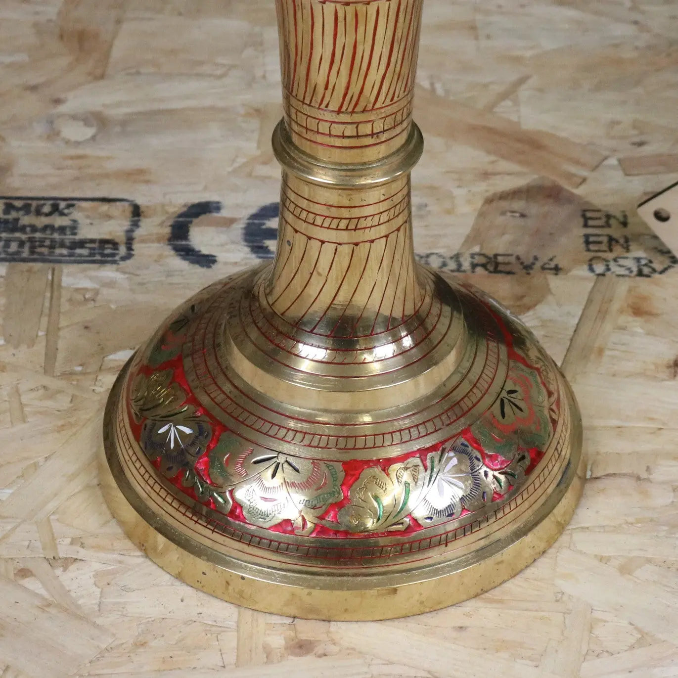 Vintage 77cm Large Brass Vase Hand Painted and Etched - Red - Closeup of Base