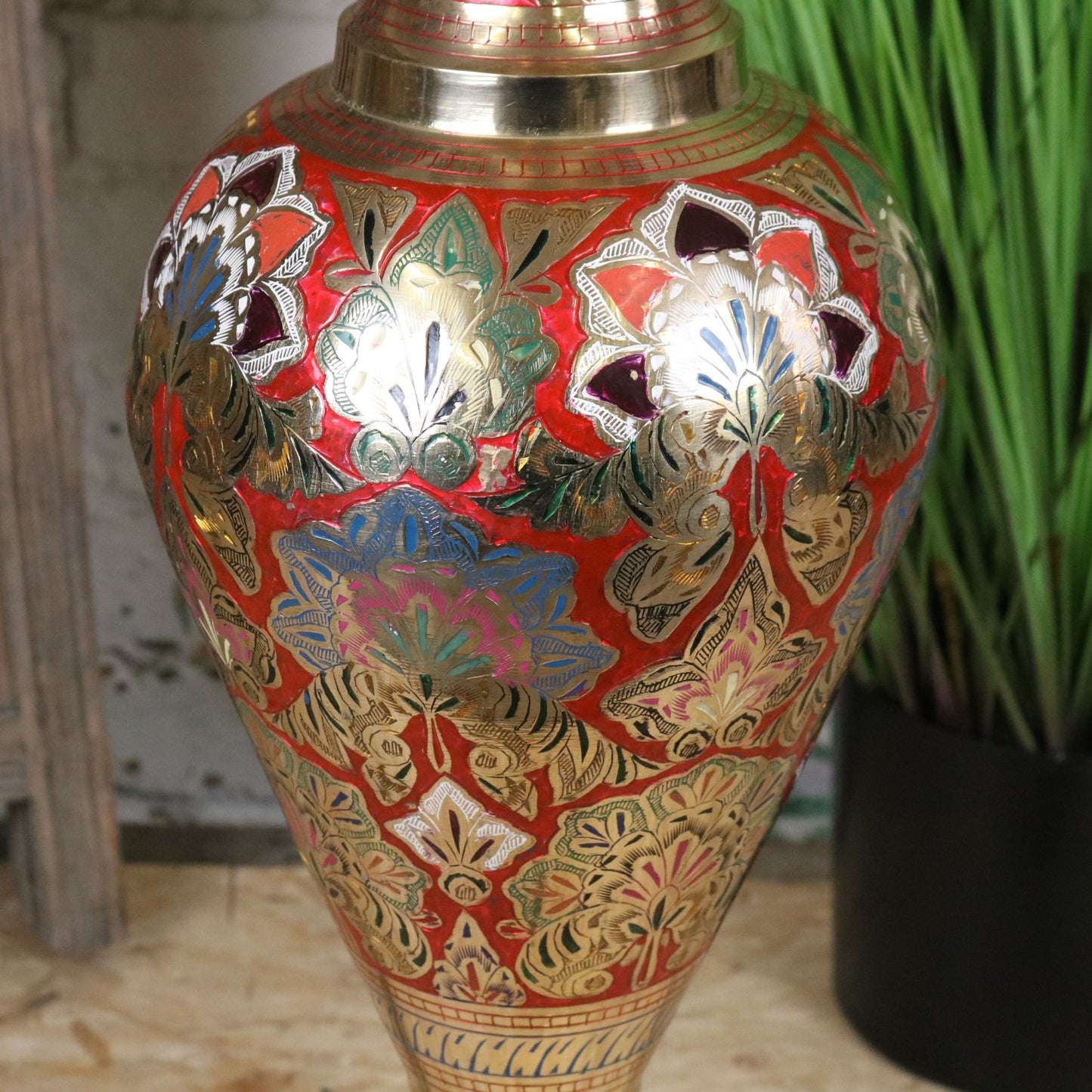 Vintage 77cm Large Brass Vase Hand Painted and Etched - Red - Closeup of Middle Section