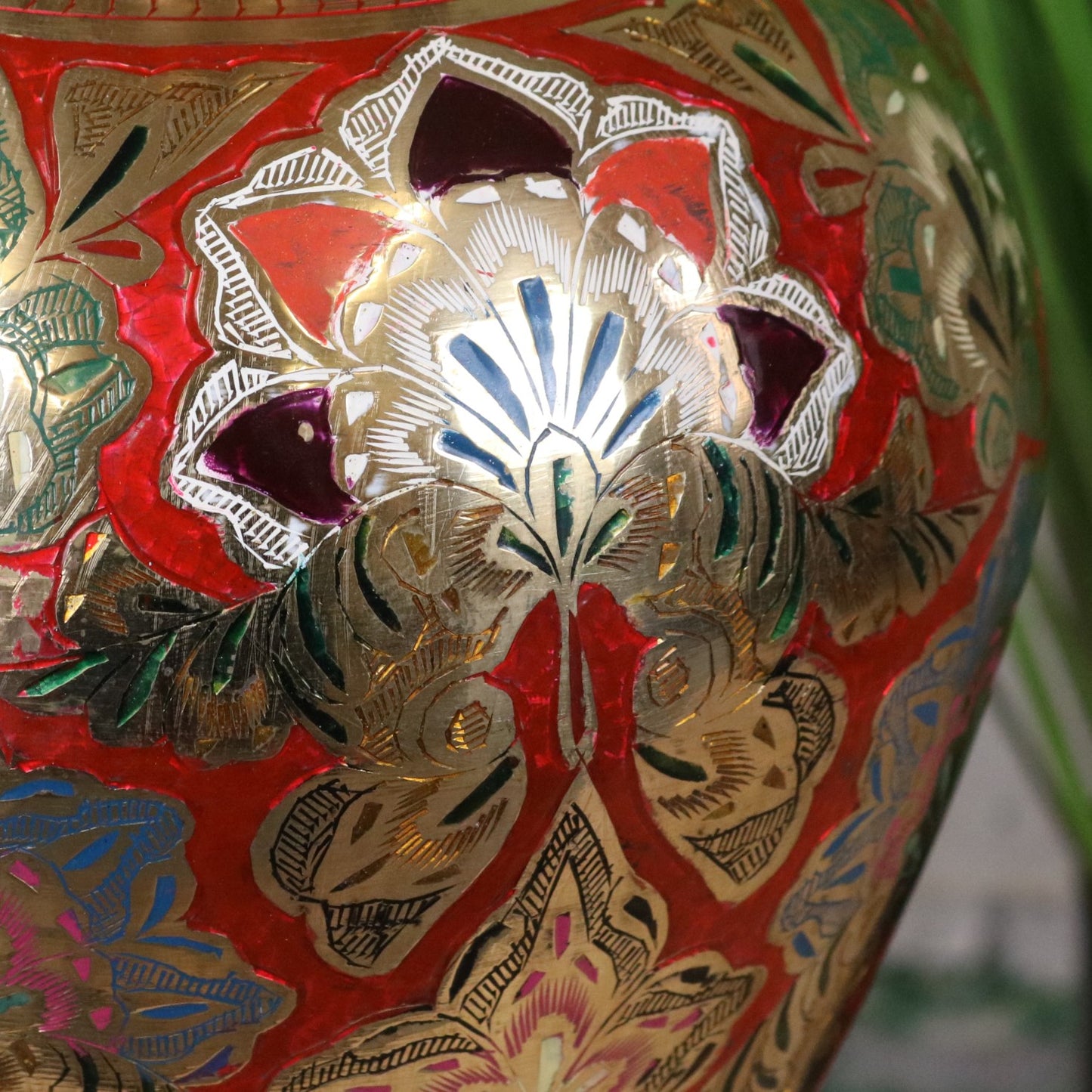 Vintage 77cm Large Brass Vase Hand Painted and Etched - Red - Closeup of Paintwork