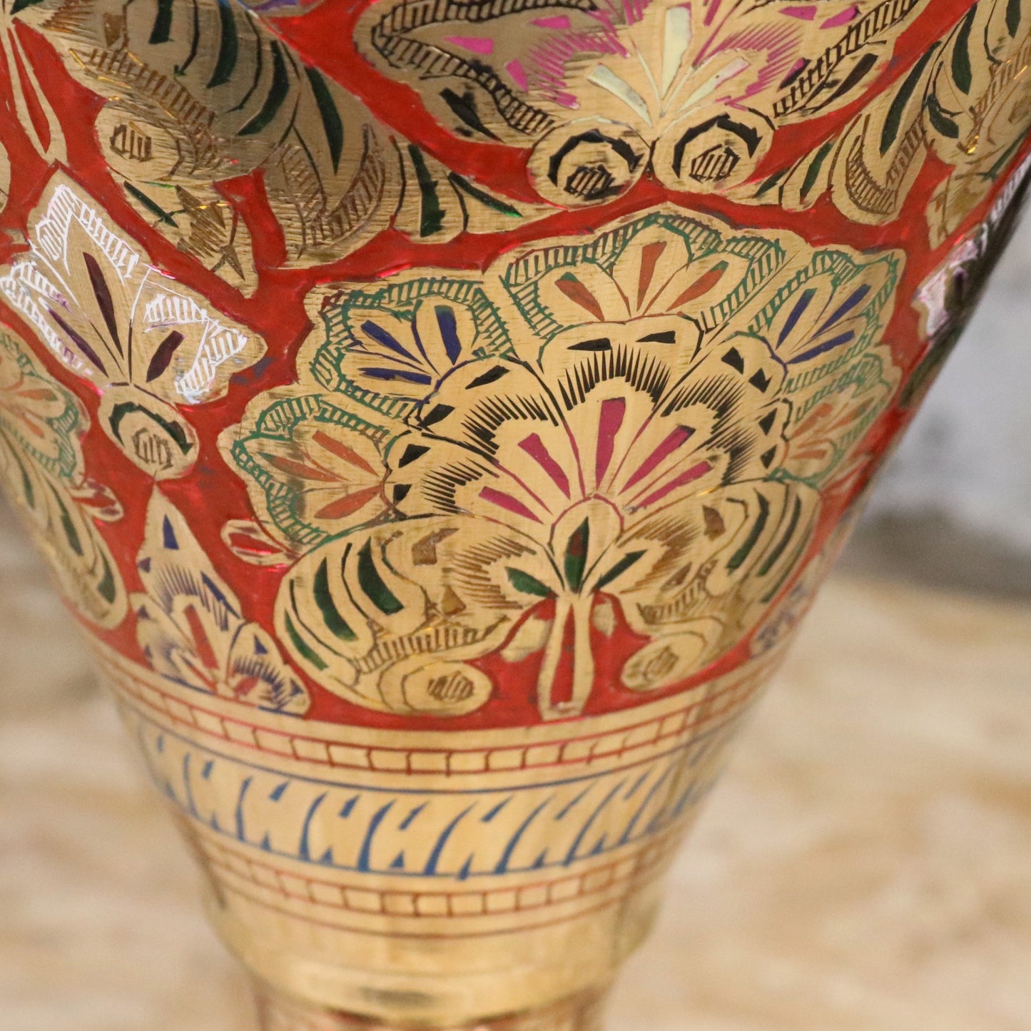 Vintage 77cm Large Brass Vase Hand Painted and Etched - Red - Closeup of Paintwork 2