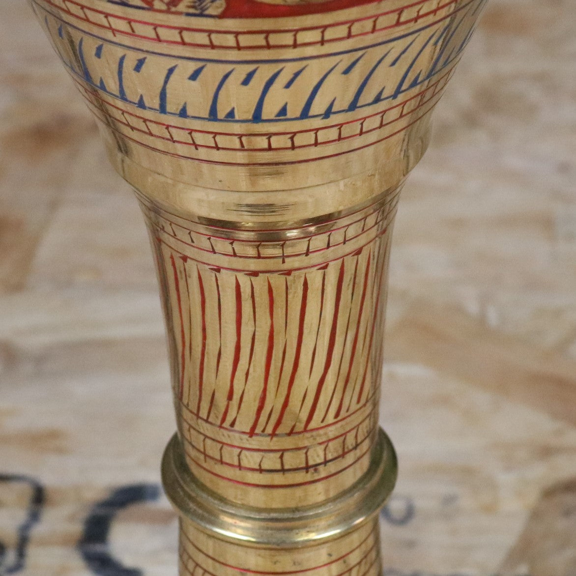 Vintage 77cm Large Brass Vase Hand Painted and Etched - Red - Closeup of Etching