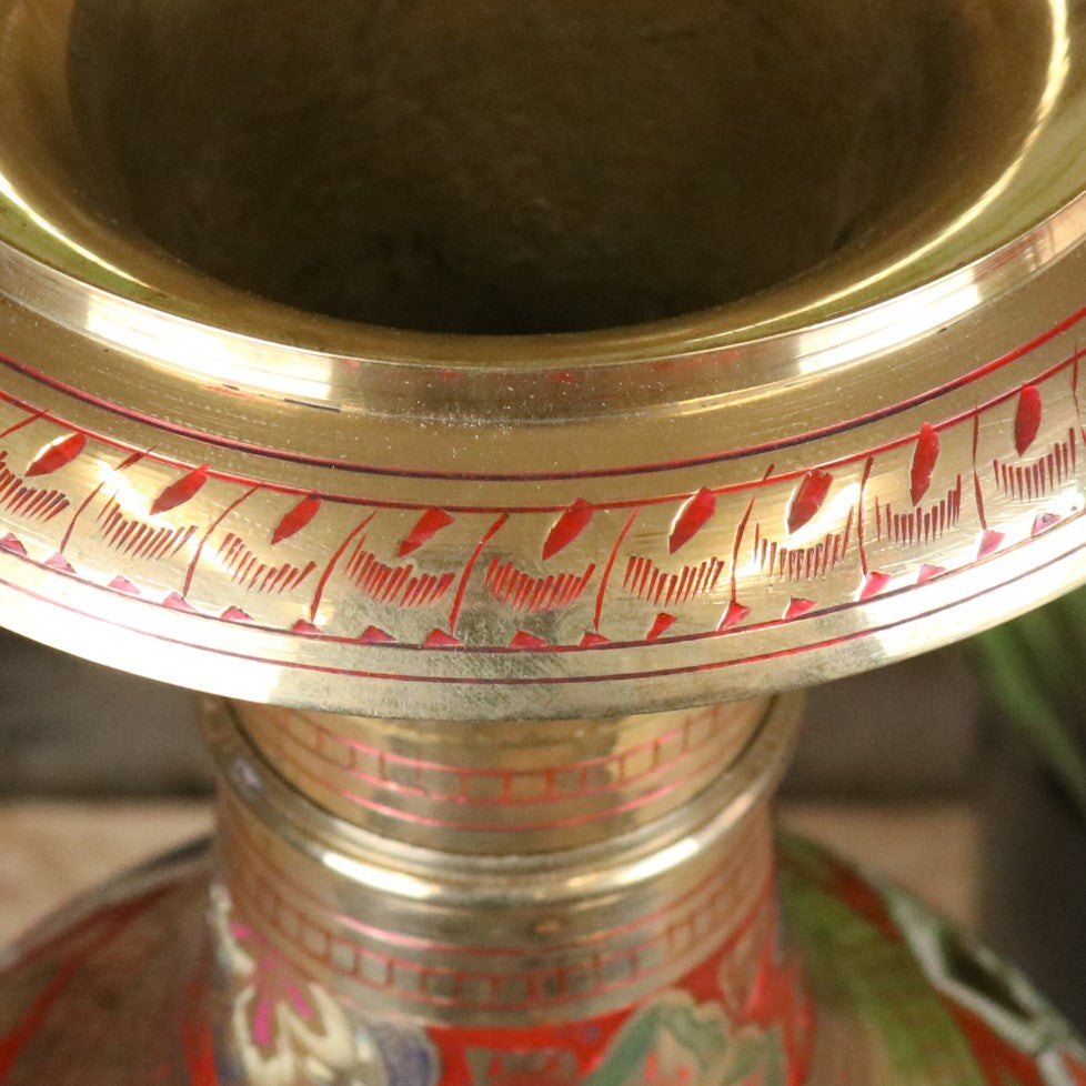 Vintage 77cm Large Brass Vase Hand Painted and Etched - Closeup of Etching on Rim