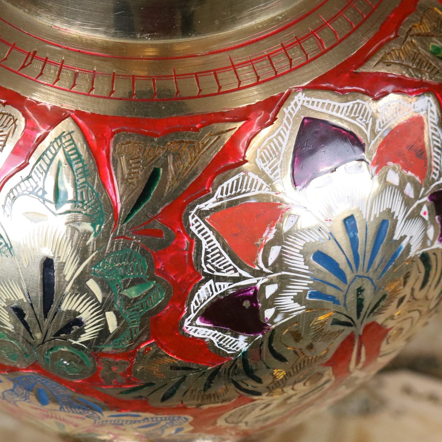 Vintage 77cm Large Brass Vase Hand Painted and Etched - Red - Closeup of Paintwork 3