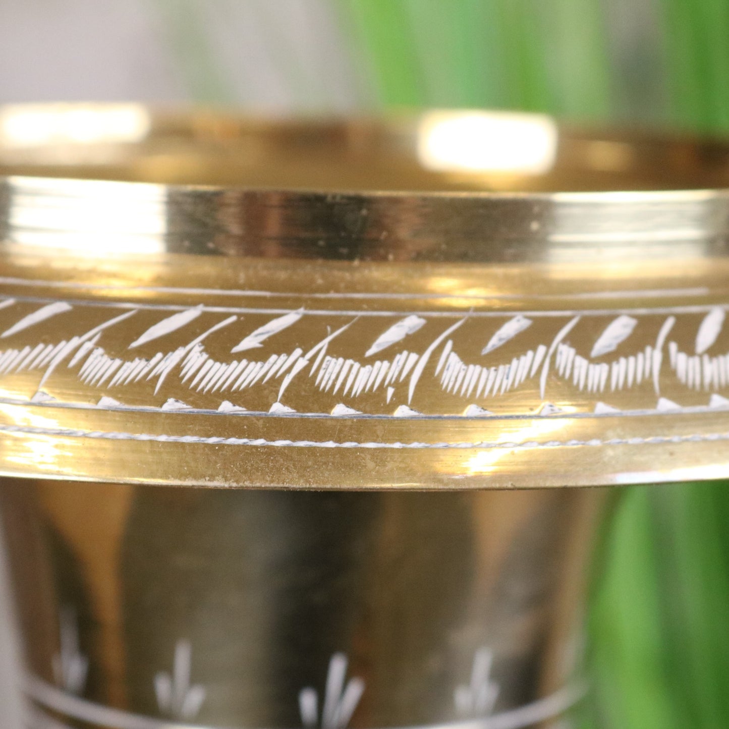 Vintage 77cm Large Brass Vase Hand Painted and Etched - Closeup of Etching on Rim