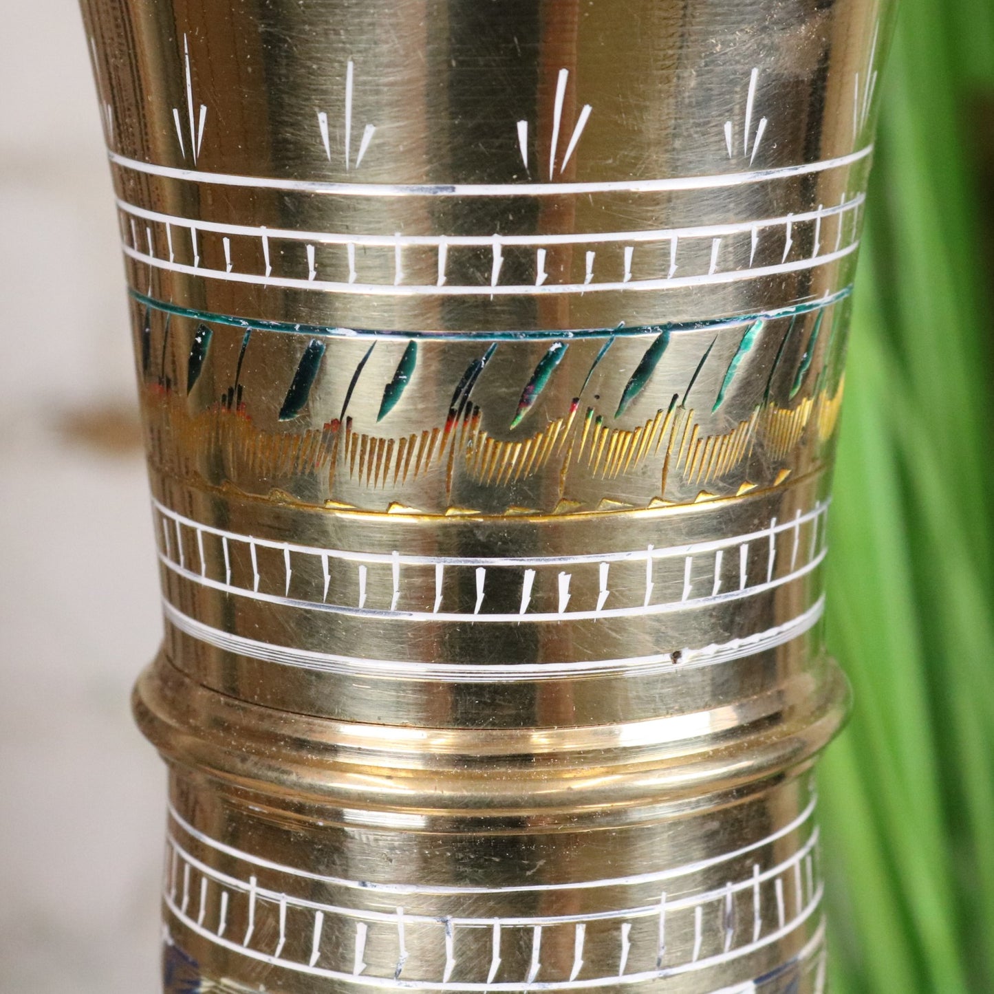 Vintage 77cm Large Brass Vase Hand Painted and Etched - Closeup of Etching on Neck