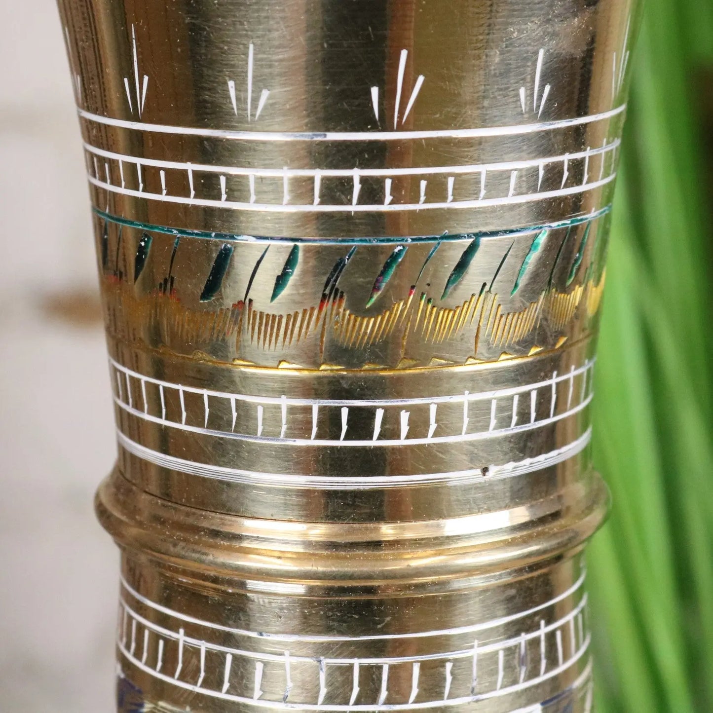Vintage 77cm Large Brass Vase Hand Painted and Etched - Closeup of Etching on Neck