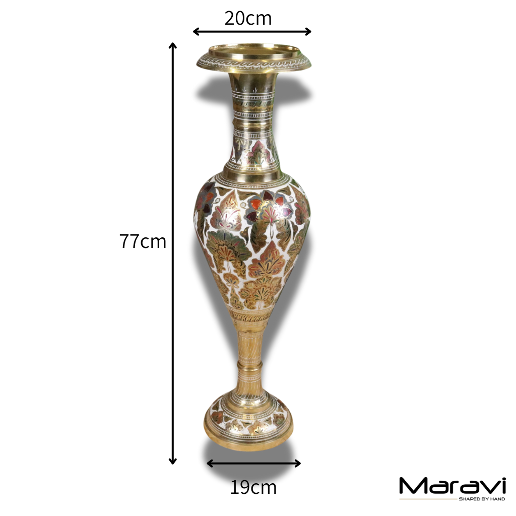 Vintage 77cm Large Brass Vase Hand Painted and Etched - Dimensions