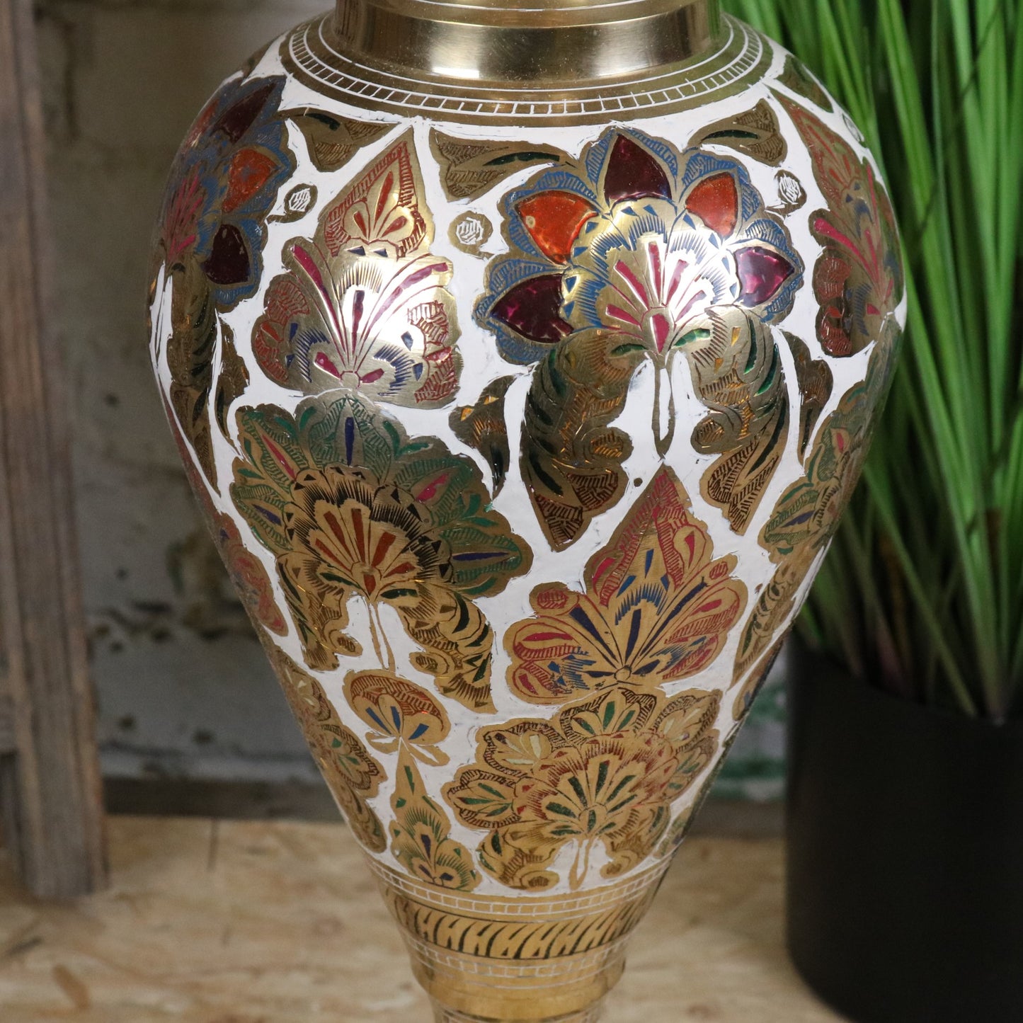 Vintage 77cm Large Brass Vase Hand Painted and Etched- Closeup Middle Section