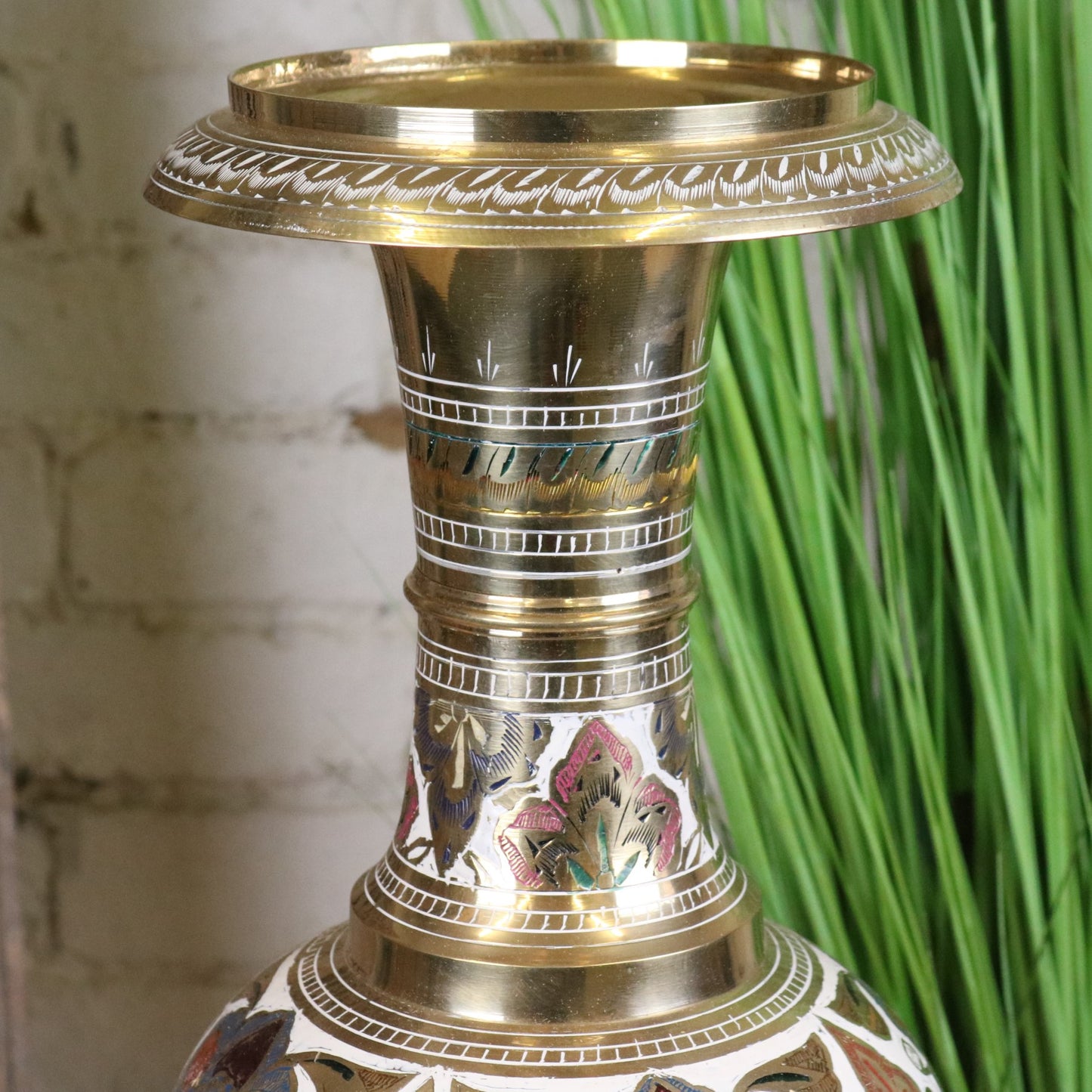 Vintage 77cm Large Brass Vase Hand Painted and Etched - Closeup of Top Section