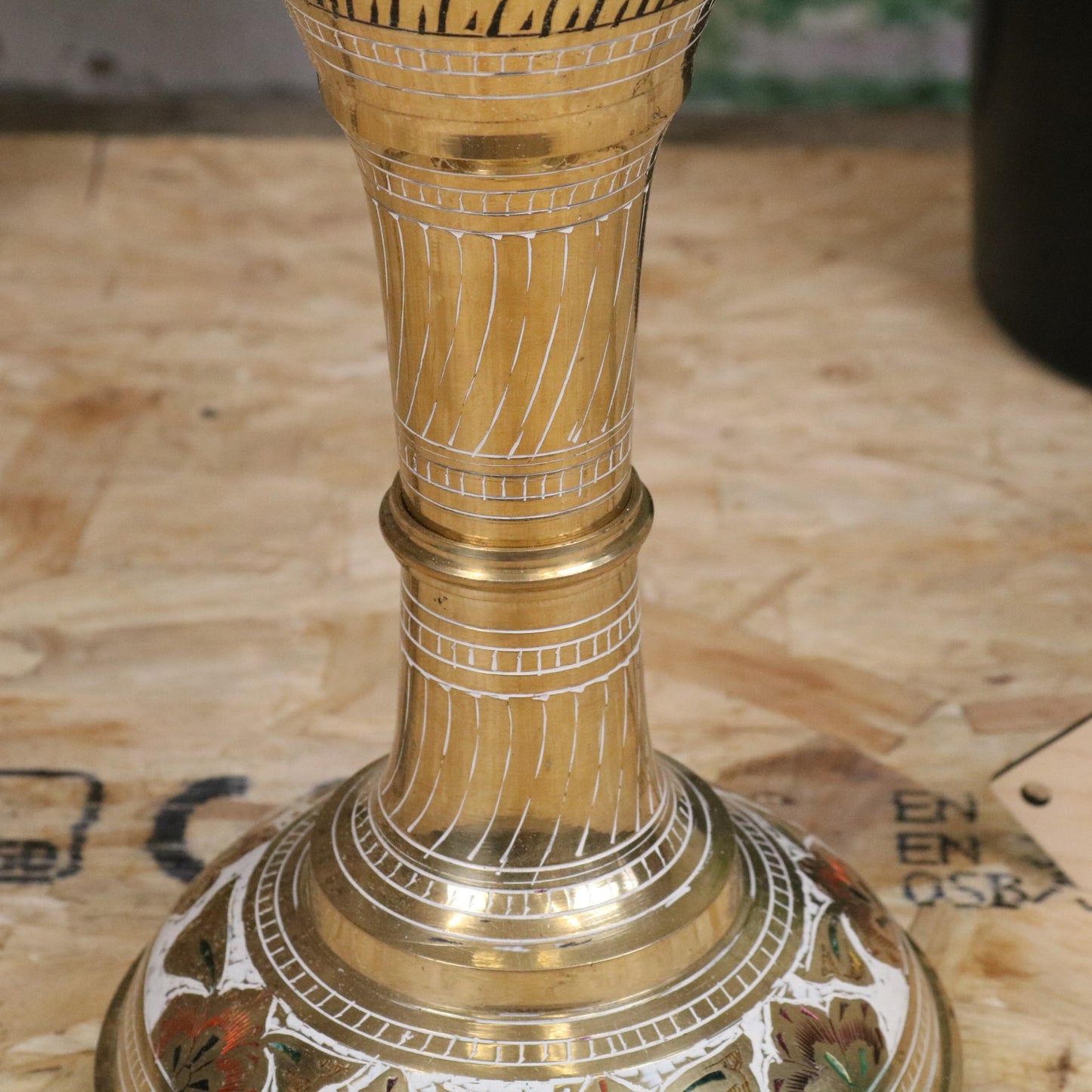 Vintage 77cm Large Brass Vase Hand Painted and Etched - Closeup of Etched Detailing
