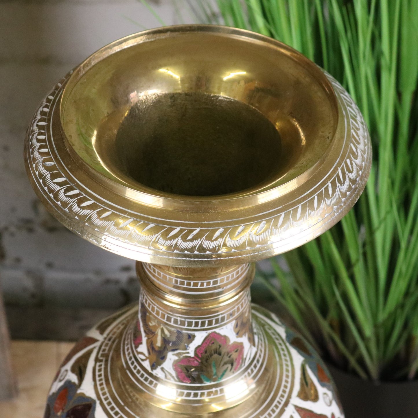 Vintage 77cm Large Brass Vase Hand Painted and Etched - Closeup of Top Rim