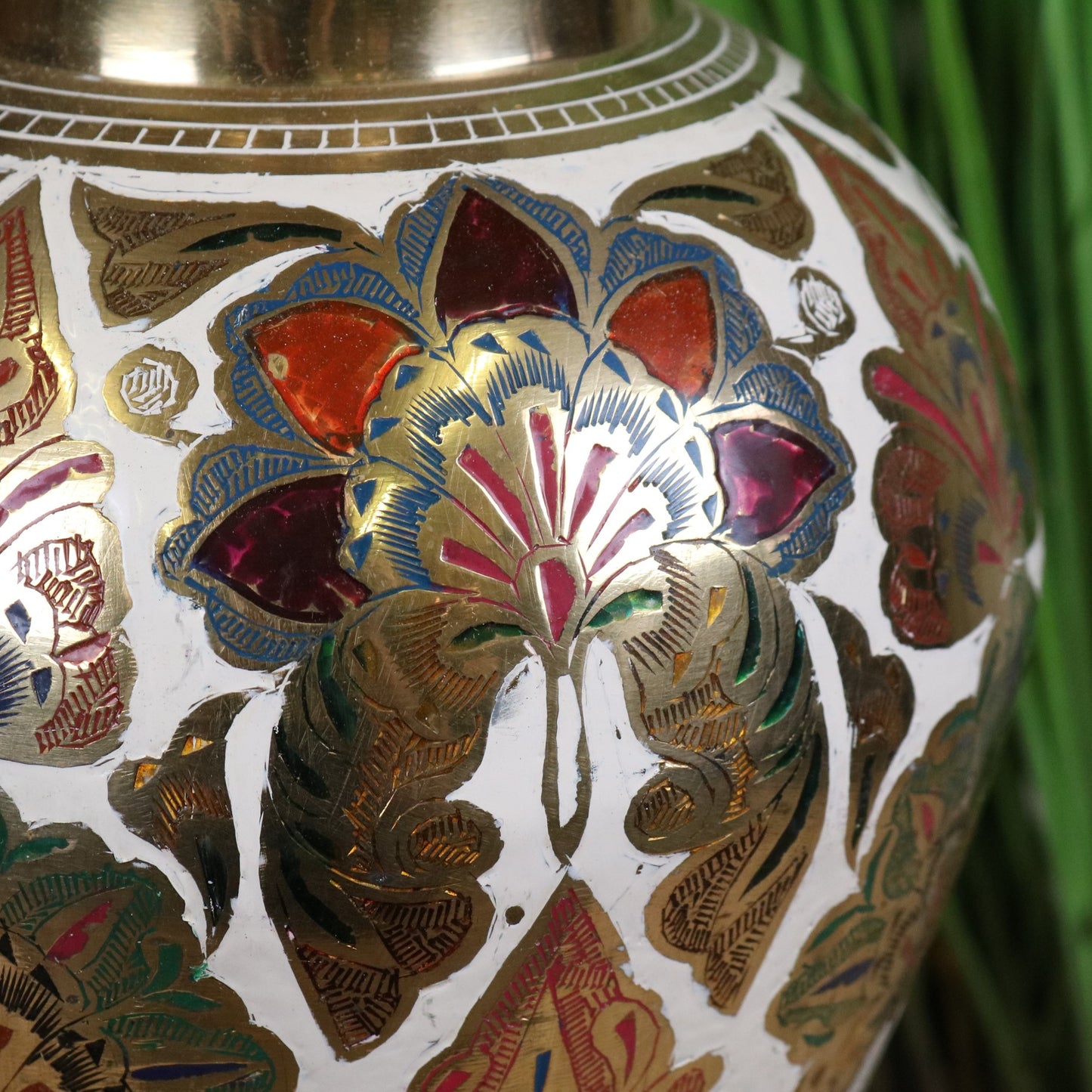 Vintage 77cm Large Brass Vase Hand Painted and Etched - Closeup op Floral Paintwork